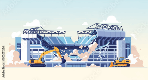 Excavators demolish a large stadium structure