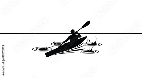 A minimalist depiction of a kayaker paddling on calm water creating subtle ripples and waves a striking silhouette