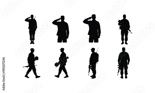 Armed forces day vector silhouette illustration set, military soldier line art collection