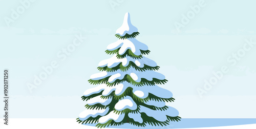Evergreen tree laden with snow, set against a light blue winter sky