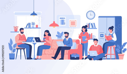 Diverse individuals collaborate and learn in a bright, modern co-working space