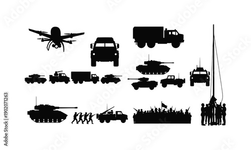 Armed forces day vector silhouette illustration set, military equipment line art collection