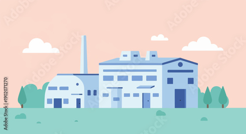 Flat illustration of a blue factory building with a smokestack amidst green trees and clouds