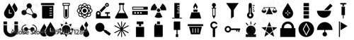 Science and laboratory icons in a black filled glyph style for research and chemistry interfaces