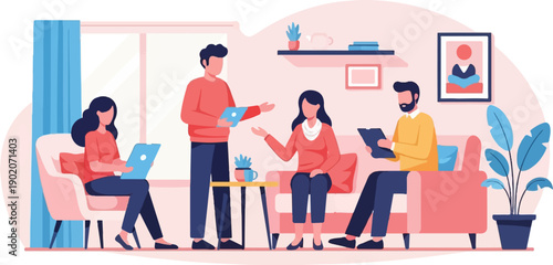 Diverse group in a bright, modern living room discussing ideas using tablets