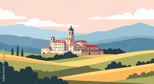 Flat illustration of a European monastery with rolling hills and mountains in background