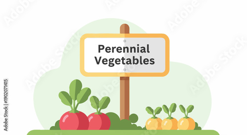 Flat illustration of a garden sign with "Perennial Vegetables" and a few garden plants