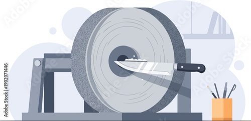 Flat illustration of a knife sharpening on a grindstone with tools