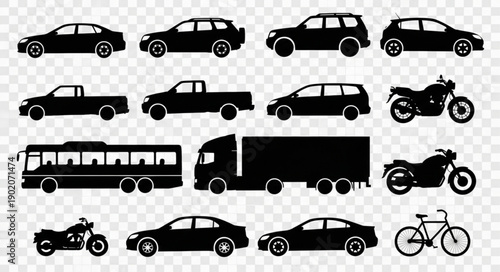 Collection of Silhouettes of Various Vehicles Including Cars Trucks Motorcycles and Bicycle.