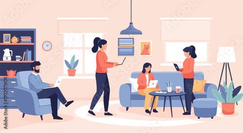 Diverse individuals collaborating remotely in a cozy, sunlit living room environment