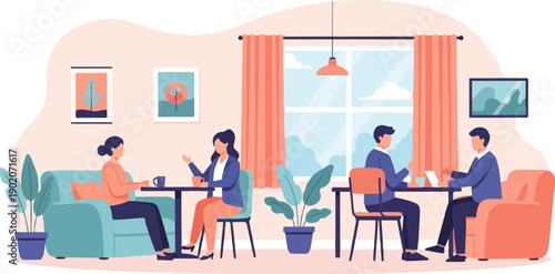 Diverse group engages in discussion over coffee in a modern office space