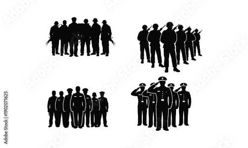 Military personnel in formation, soldiers saluting and standing at attention vector
