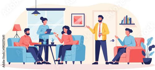 Diverse group conversing in a cozy living room setting