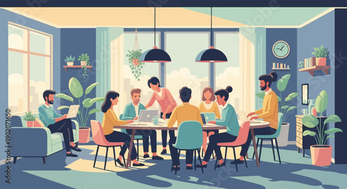 Diverse team collaborates around a table with laptops in a bright office