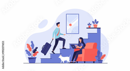 Flat illustration of a man with a suitcase going up stairs while a woman with a laptop sits on a chair