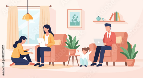 Family working and playing together at home on laptops