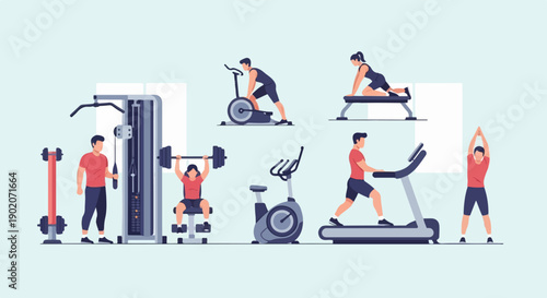 Diverse individuals engage in various exercises within a bright, modern fitness studio