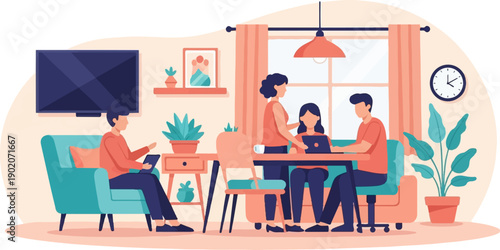 Family working together at home, using laptops and tablets