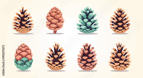 Eight stylized pinecones in various colors and sizes