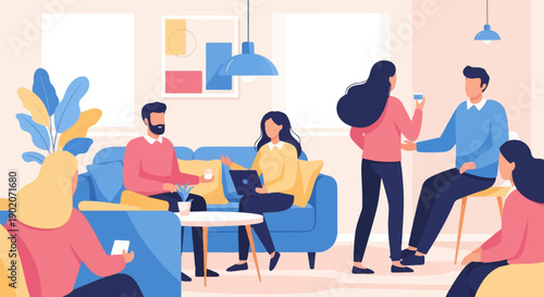 Diverse group conversing and relaxing in a modern, colorful living room