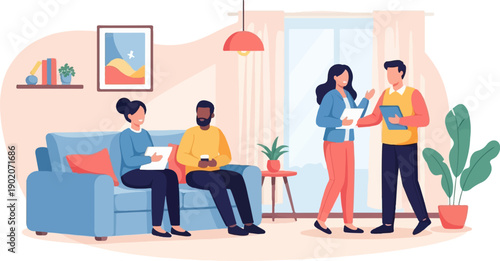 Diverse group discusses plans near window and sofa