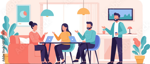 Diverse team collaborates in a modern, brightly lit office space