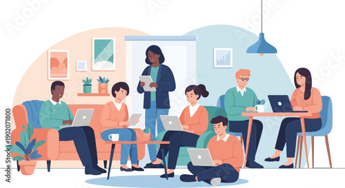 Diverse group collaborating on laptops and tablets in a cozy office setting