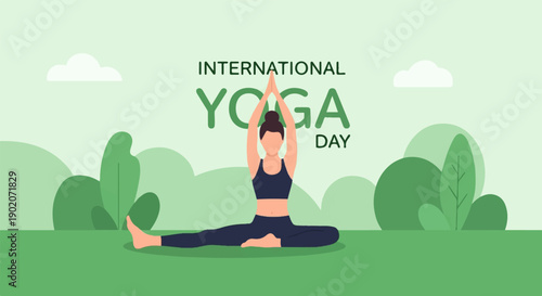 Flat illustration of a person doing yoga outdoors on International Yoga Day