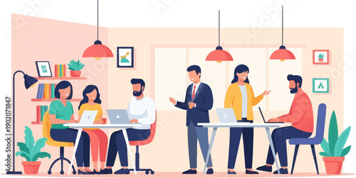 Diverse team collaborates in a modern, well-lit office environment