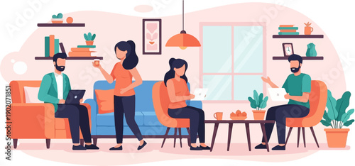 Diverse individuals gather in a cozy living space, engaged with digital devices and drinks