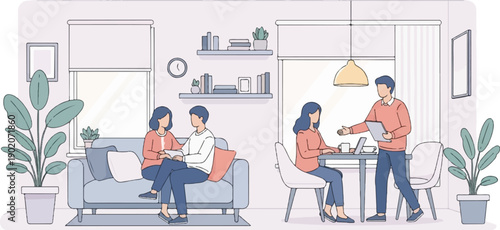 Diverse individuals in a modern living space, interacting and relaxing