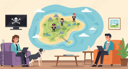 Diverse people and pet enjoy technology and treasure map on screen