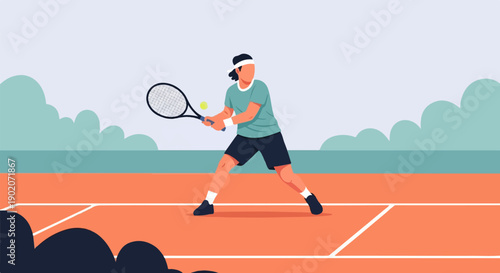 Flat illustration of a person playing tennis on a clay court