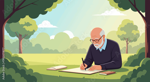 Elderly man writing in a park on a sunny day