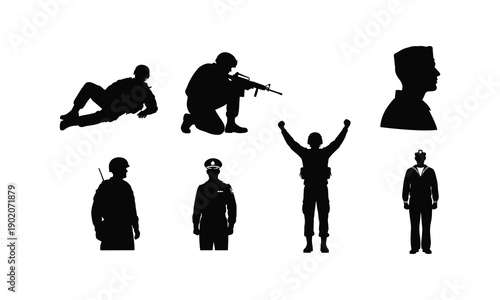 Set of soldier vector silhouette illustration, line art drawing on white background