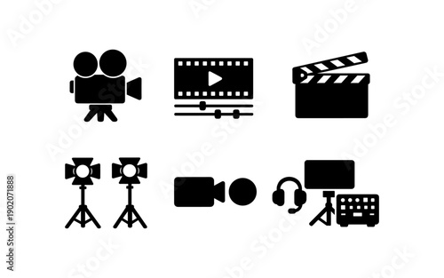 Collection of film and video production icons including cameras, lights, and editing equipment