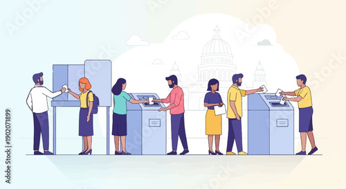 Diverse people cast votes in a line at a polling station