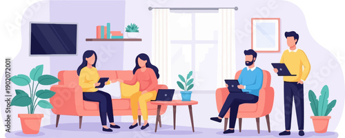 Diverse group collaborating in a modern office lounge with technology