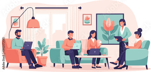 Diverse people collaborate on laptops and discuss work in a modern home office