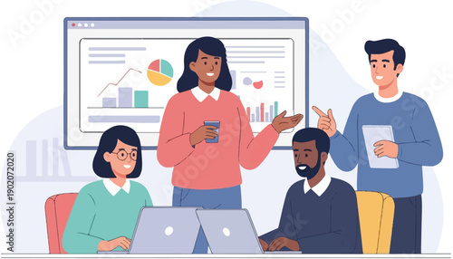 Diverse team collaborates on project analysis presentation with charts