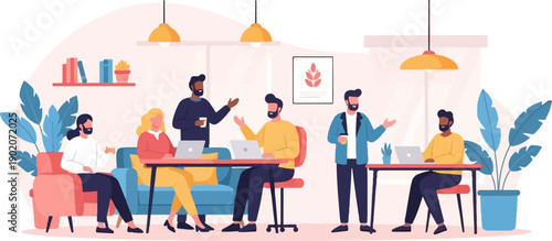 Diverse people collaborate in a modern office space with plants and laptops