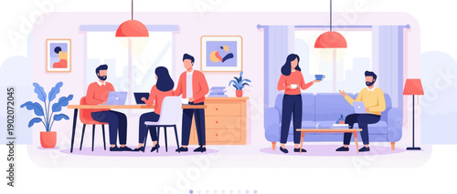 Diverse people collaborate on laptops and enjoy coffee breaks indoors