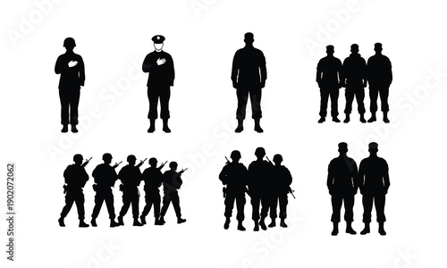 Soldier icons, salute, standing at attention, honor guard, troops in formation vector