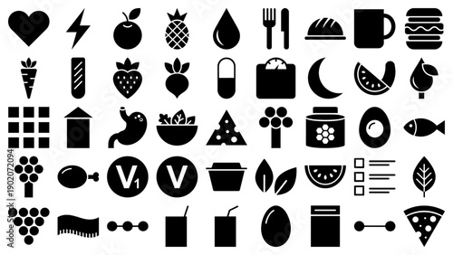 Nutrition and healthy food icons in a black filled silhouette style for fitness apps