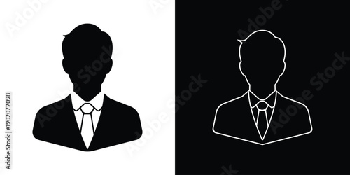 businessman silhouette and outline icon set, male avatar in suit and tie, professional profile symbol, vector illustration