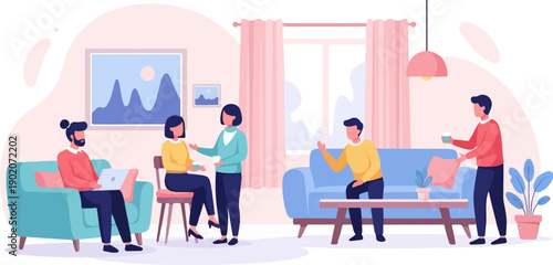 Diverse people collaborating and relaxing in a modern, cozy living room