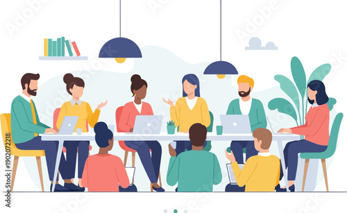 Diverse group collaborating around a modern office table