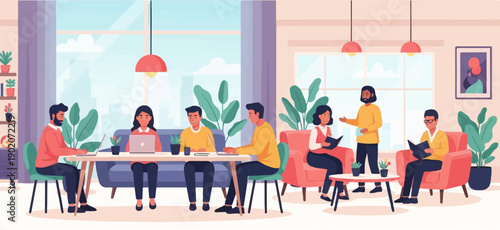 Diverse people collaborating and learning in a modern, sunlit room