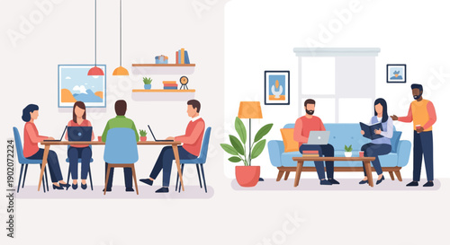 Diverse people collaborating and relaxing indoors with laptops and books