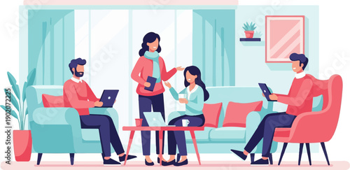 Diverse team collaborating and using technology in a modern, casual office